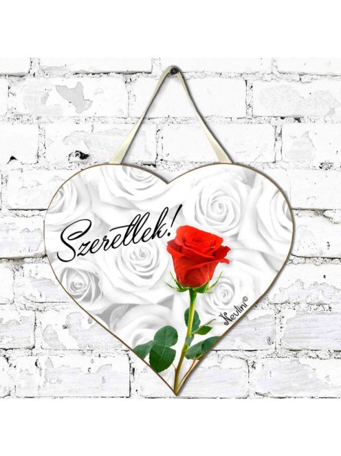 Kicsi Fali Dekor Szív Tábla 19,5 cm x 18,5 cm - Valentin Napi Ajándék - Szeretlek Rózsa szál