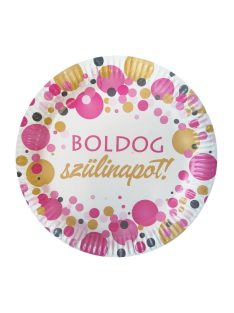   Boldog Szülinapot! Rózsaszín Pasztell Konfettis Parti Tányér, 23 cm, 6 db-os