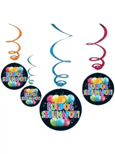 Boldog Szülinapot Fekete Parti Függődekoráció, 6 db-os