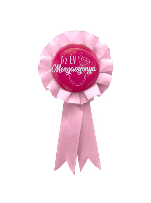 Az év menyasszonya jegygyűrűs szalagos kitűző - Pasztell pink szalaggal
